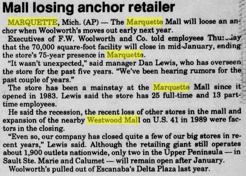 Westwood Mall - 1991 Article On Woolworth Closing